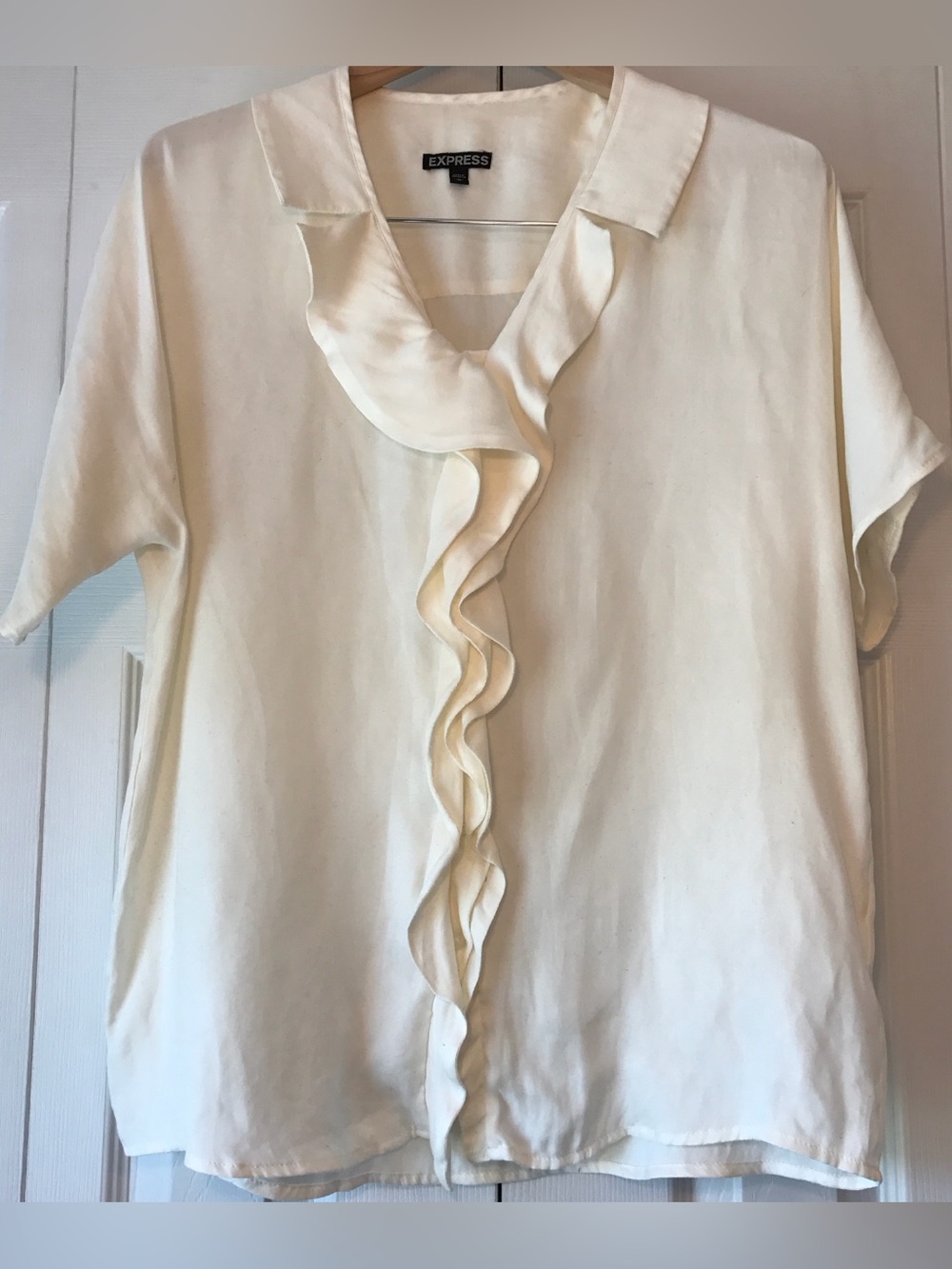 Express Cream Ruffle-Front Short Sleeve Blouse